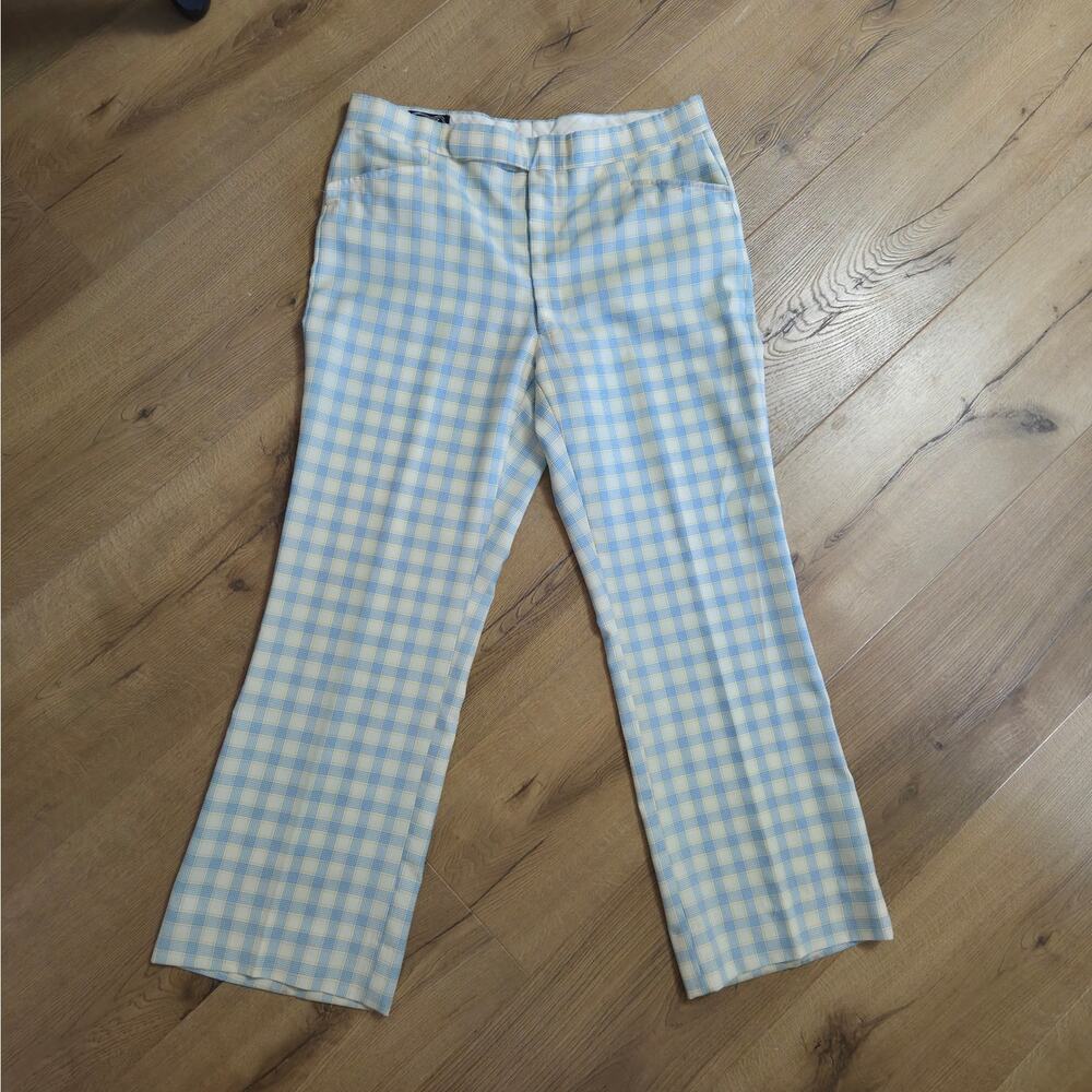 Vtg. 70s Cream Light Blue Plaid Leisure Preppy Trouser Slacks Pants 37x31 EUC